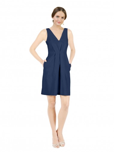 Outlet Deep V-Neck Short Knee Length Satin Cocktail Bridesmaid Dress with Slimming Pleats UK