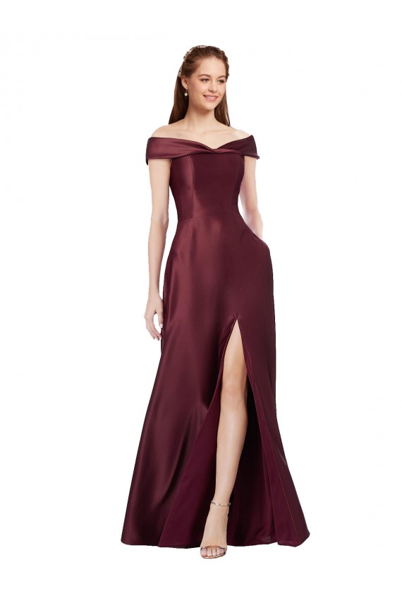 Outlet Long Off the Shoulder Formal Satin Bridesmaid Dress / Prom Dress with Thigh-high Slit UK