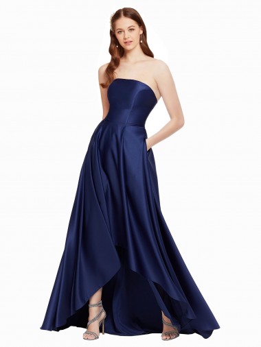 Outlet High Low Strapless Formal Satin Bridesmaid Dress / Prom Dress with Pockets UK