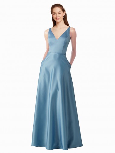 Outlet Classic Satin V-Neck A-Line Bridesmaids Dress with Pockets UK