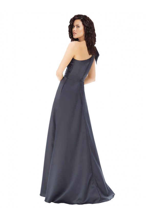Outlet Rouched One Shoulder Floor Length Formal Satin Bridesmaid Dress / Prom Dress with Bow UK