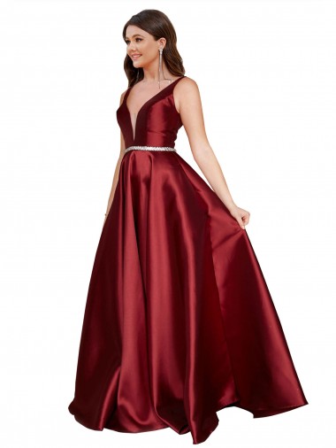 Outlet Sleeveless Deep V-Neck A-Line Formal Satin Bridesmaid Dress / Prom Dress with Pockets UK