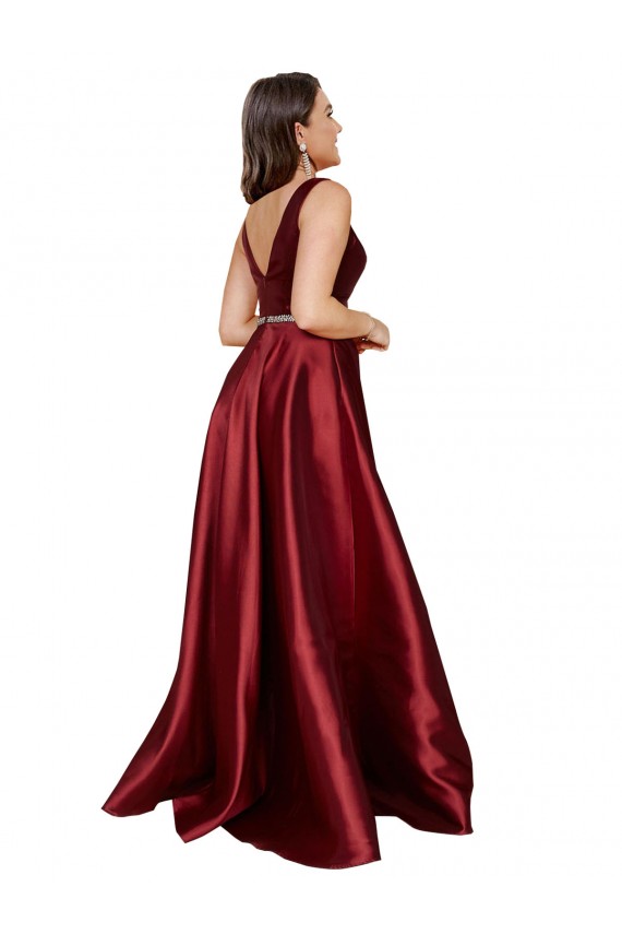 Outlet Sleeveless Deep V-Neck A-Line Formal Satin Bridesmaid Dress / Prom Dress with Pockets UK