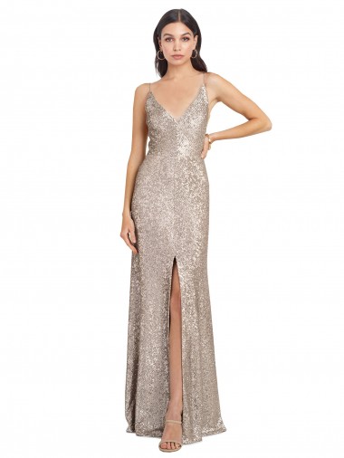 Outlet V-Neck Fully Sequin Formal Bridesmaid Dress / Prom Dress with V-Back and Front Slit UK