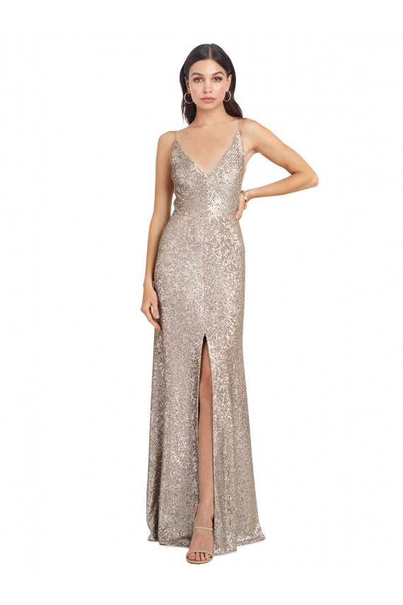 Outlet V-Neck Fully Sequin Formal Bridesmaid Dress / Prom Dress with V-Back and Front Slit UK