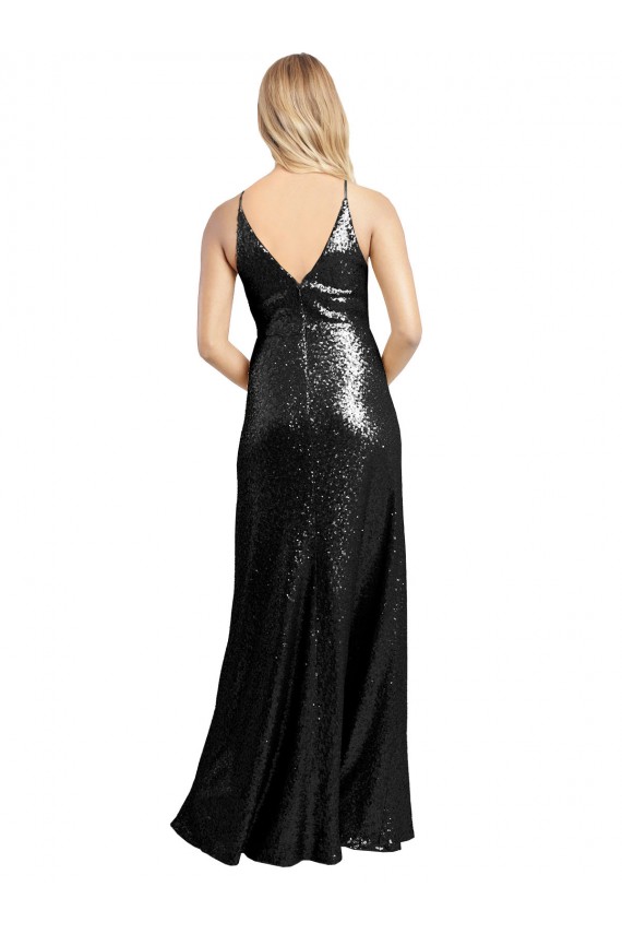 Outlet Full Length A-Line Formal Sequin Bridesmaid Dress / Prom Dress with Spaghetti Straps V-Neckline UK