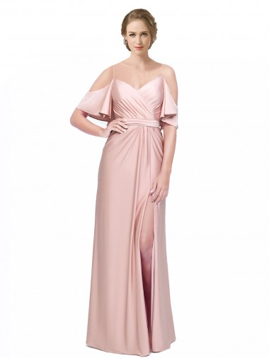 Outlet Draped Cold Shoulder Sleeves Long Formal Silky Satin Bridesmaid Dress / Prom Dress with Slit and Tie Back UK