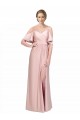 Outlet Draped Cold Shoulder Sleeves Long Formal Silky Satin Bridesmaid Dress / Prom Dress with Slit and Tie Back UK