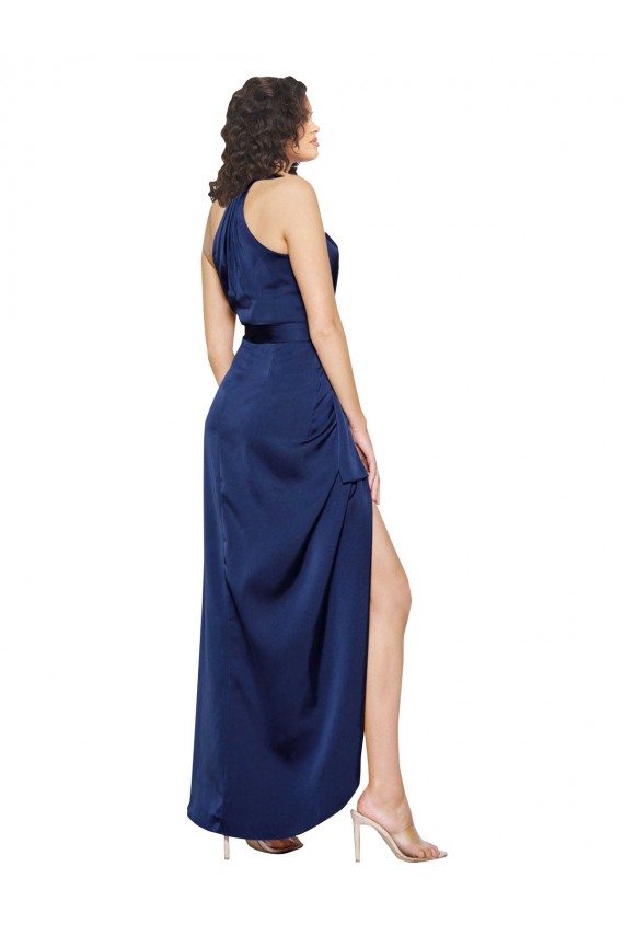 Outlet Full Length High Neck Wrap Formal Silky Satin Bridesmaid Dress / Prom Dress with Waist Tie UK