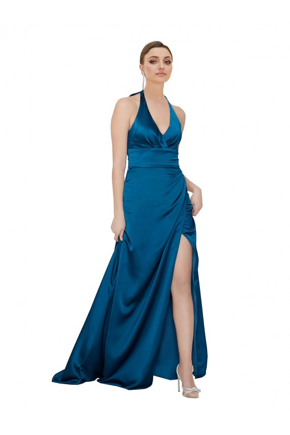 Outlet Halter Neck Formal Silky Satin Bridesmaid Dress / Prom Dress UK