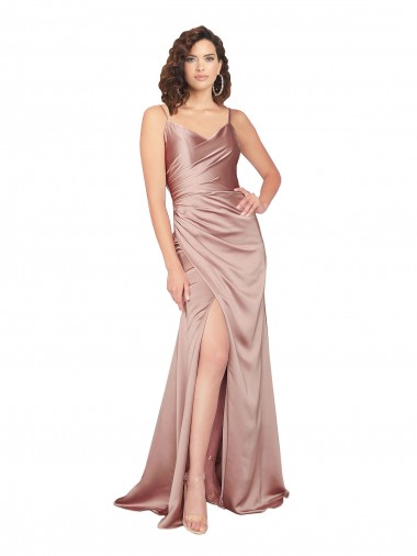 Outlet Floor Length Formal Silky Satin Bridesmaid Dress / Prom Dress with Front Skirt Slit UK
