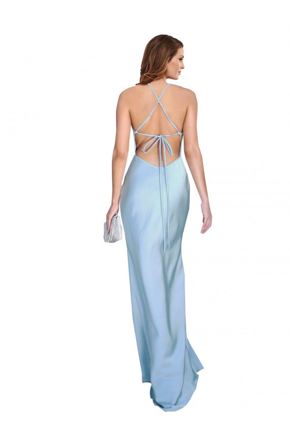 Outlet Open Back with Ties Cowl Neck Sheath Formal Silky Satin Long Bridessmaid Dress UK