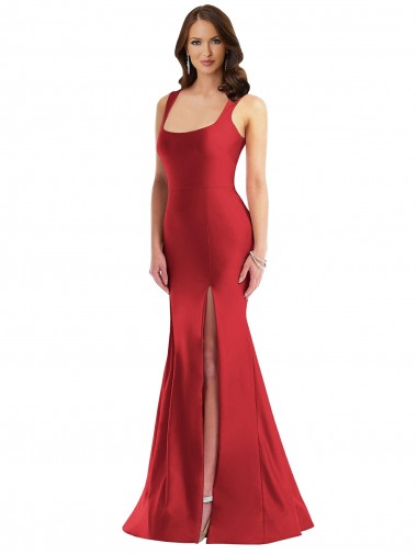 Outlet Square Neck Formal Silky Satin Mermaid Bridesmaid Dress / Prom Dress with Side Slit UK
