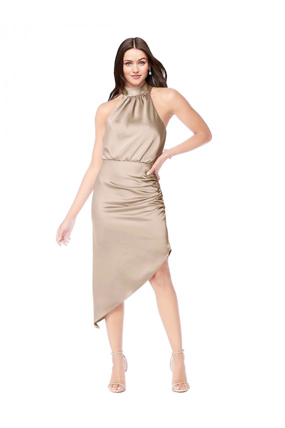 Outlet Silky Satin High Low Midi Cocktail Length Bridesmaid Dress / Prom Dress with Asymmetric Skirt UK