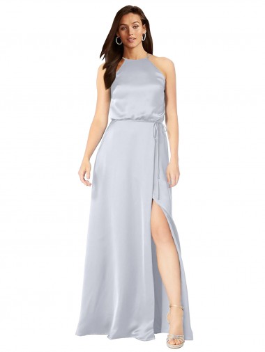 Outlet Halter Neck Formal Silky Satin Bridesmaid Dress with Strappy Back UK