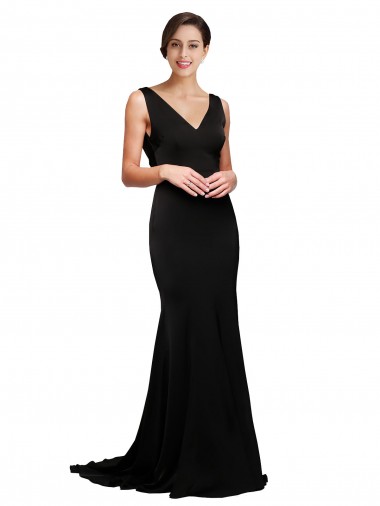 Outlet V-Neck Full Length Formal Silky Satin Bridesmaid Dress / Prom Dress with Soft Cowl Neck and Sweep Train UK