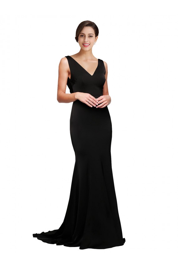 Outlet V-Neck Full Length Formal Silky Satin Bridesmaid Dress / Prom Dress with Soft Cowl Neck and Sweep Train UK