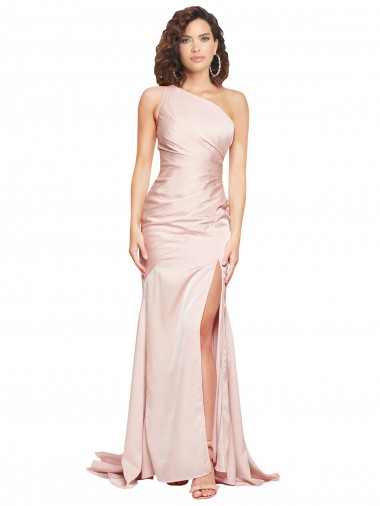 Outlet Full Length One Shoulder Long Formal Silky Satin Bridesmaid Dress / Prom Dress with High Split UK