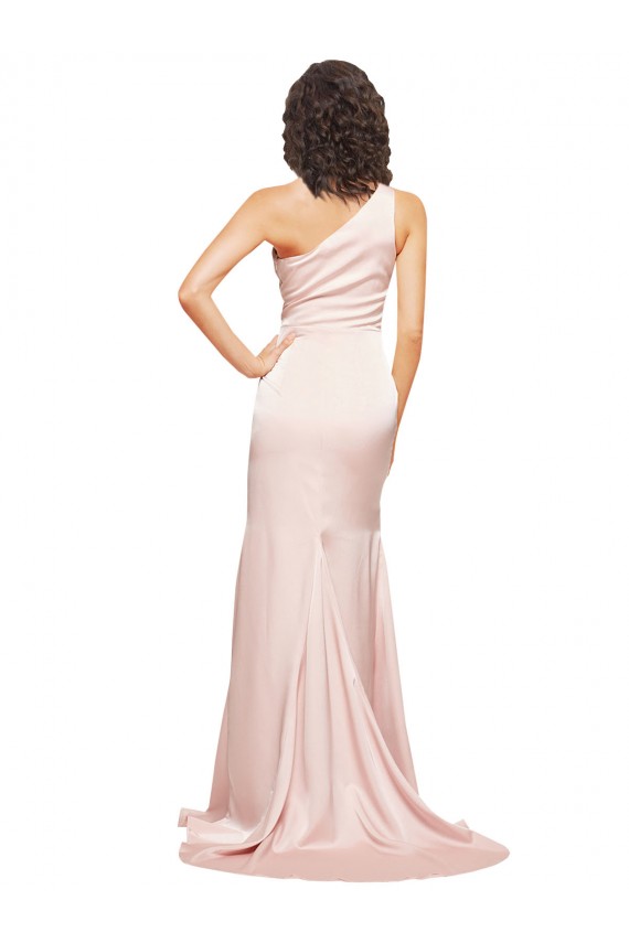 Outlet Full Length One Shoulder Long Formal Silky Satin Bridesmaid Dress / Prom Dress with High Split UK