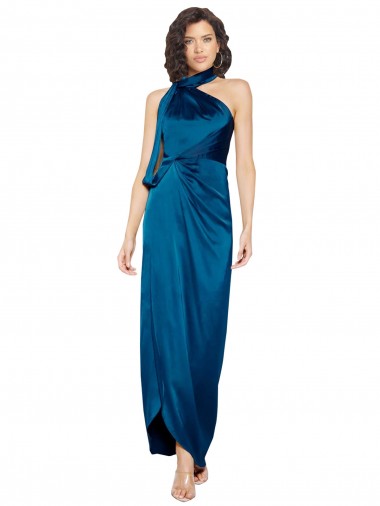 Outlet High Halter Neck Formal Silky Satin Bridesmaid Dress / Prom Dress with Sash Overlay and Side Split UK