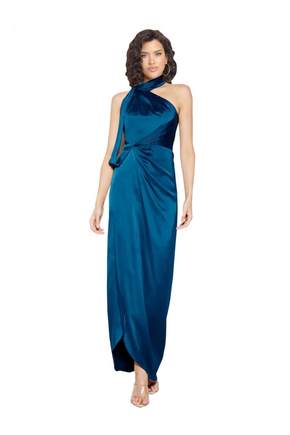 Outlet High Halter Neck Formal Silky Satin Bridesmaid Dress / Prom Dress with Sash Overlay and Side Split UK