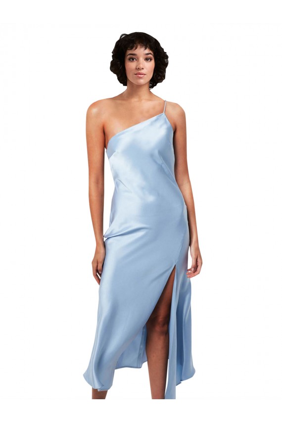 Outlet Midi Length Short Formal Silky Satin Bridesmaid Dress / Cocktail Prom Dress with Asymmetric Neckline and High Side Split UK