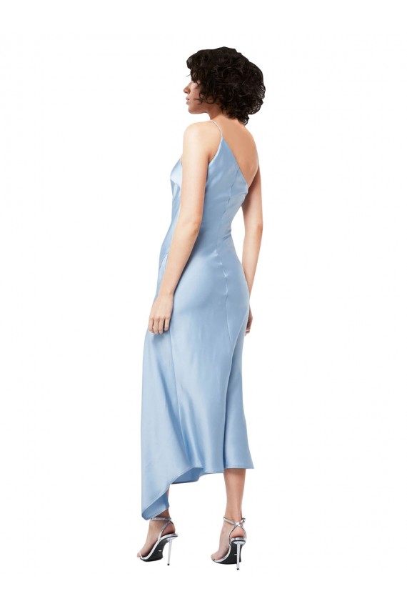 Outlet Midi Length Short Formal Silky Satin Bridesmaid Dress / Cocktail Prom Dress with Asymmetric Neckline and High Side Split UK