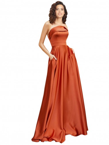 Outlet Strapless Sweep Train Formal Silky Satin Bridesmaid Dress / Prom Dress with Pleats UK