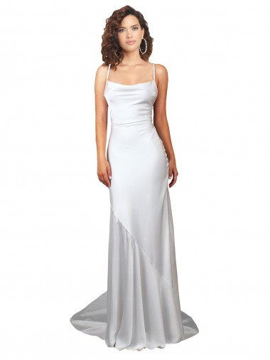 Outlet Simple Lace Up Back Cowl Neck Long Sweep Train Silky Satin Beach Wedding Dress UK