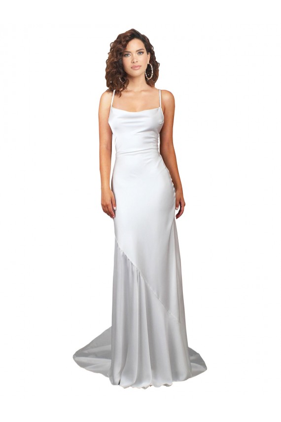 Outlet Simple Lace Up Back Cowl Neck Long Sweep Train Silky Satin Beach Wedding Dress UK