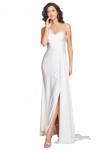 Outlet One Shoulder Floor Length Silky Satin Wedding Dress with Side Slit UK