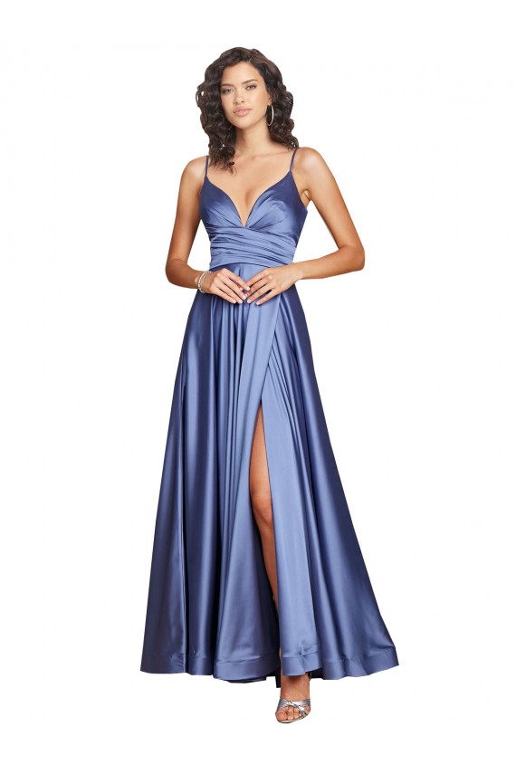 Outlet Deep V-Neck Sweetheart Long Formal Silky Satin Bridesmaid Dress / Prom Dress with Thigh High Slit UK