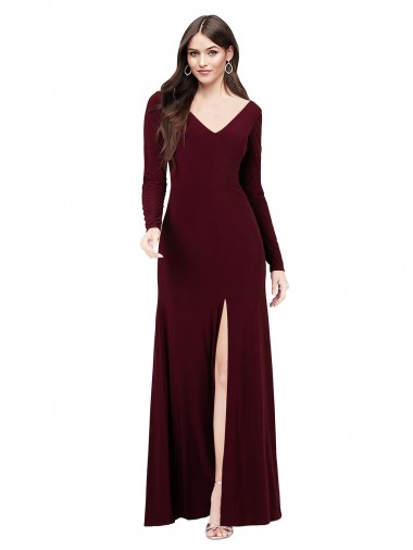 Outlet Long Sleeves Spandex Bridesmaid Gown with Front Slit UK