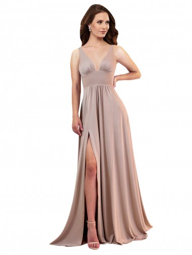 Outlet Long A-Line Plunge V-Neckline Formal Spandex Bridesmaid Dress / Prom Dress with Slit UK