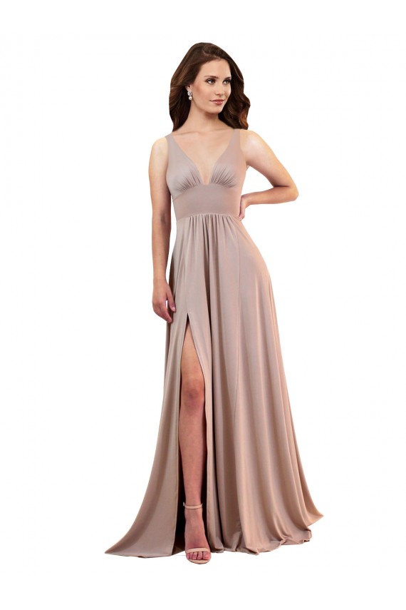 Outlet Long A-Line Plunge V-Neckline Formal Spandex Bridesmaid Dress / Prom Dress with Slit UK