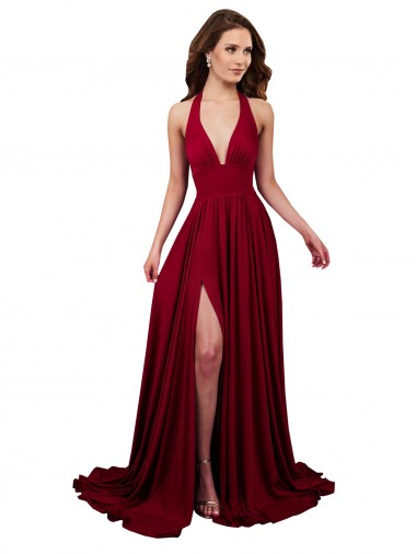 Outlet A-Line Halter Plunge V-Neckline Open Back Formal Spandex Bridesmaid Dress / Prom Dress with Slit UK