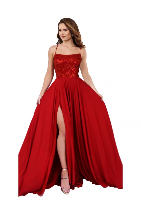 Outlet Lace Over Bodice Long Spandex Bridesmaid Dress / Prom Dress with Slit UK