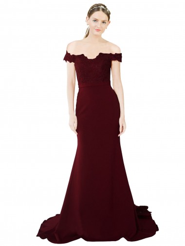 Outlet Full Length Off the Shoulder Formal Crepe Bridesmaid Dress / Prom Dress with Lace On Bodice and Back UK