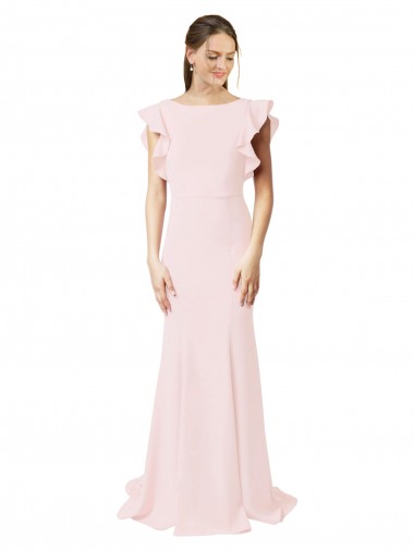Outlet Low V-Back Long Mermaid Crepe Bridesmaid Dress / Prom Dress with Ruffled Sleeves UK