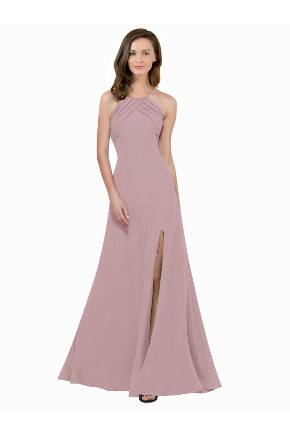 Outlet High Neck Crepe Bridesmaid Dress / Prom Dress with Pleats and Keyhole Back UK