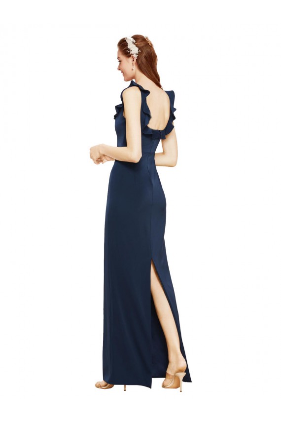 Outlet Scoop Neck with Ruffles Long Formal Crepe Bridesmaid Dress / Prom Dress with Back Slit UK