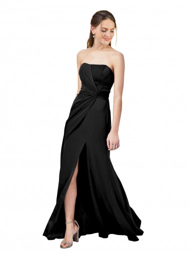 Outlet Strapless Fit and Flare Long Formal Crepe Bridesmaid Dress / Prom Dress with Knot and Slit UK