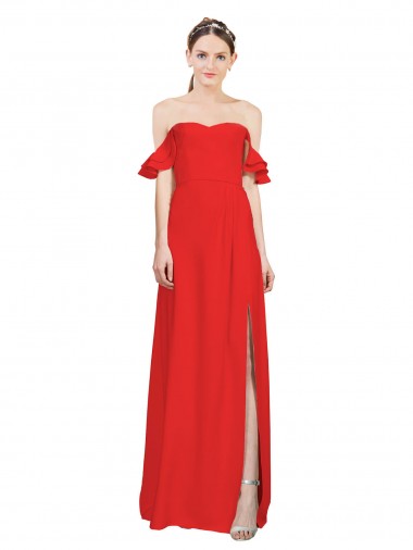 Outlet Double Ruffle Flounce Sleeves Formal Crepe Bridesmaid Dress / Prom Dress with Slit UK