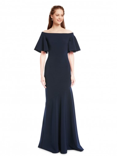 Outlet Off the Shoulder Formal Crepe Bridesmaid Dress / Prom Dress with Short Ruffle Sleeves. UK