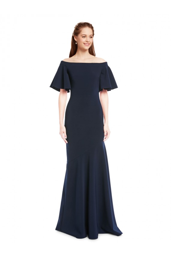 Outlet Off the Shoulder Formal Crepe Bridesmaid Dress / Prom Dress with Short Ruffle Sleeves. UK
