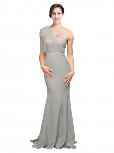 Outlet Long Sweep Train Sweetheart Formal Crepe Bridesmaid Dress / Prom Dress with Tulle One Shoulder UK
