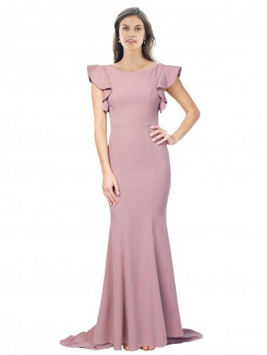 Outlet Flutter Sleeves Low V-Back High Round Neck Formal Crepe Bridesmaid Dress / Prom Dress UK