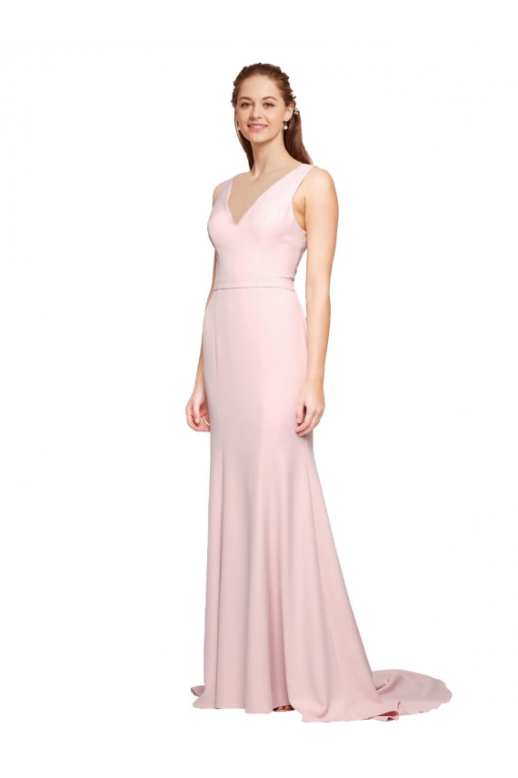 Outlet Deep V-Neckline and Back Long Sweep Train Crepe Bridesmaid Dress / Prom Dress with Shoulder Straps UK