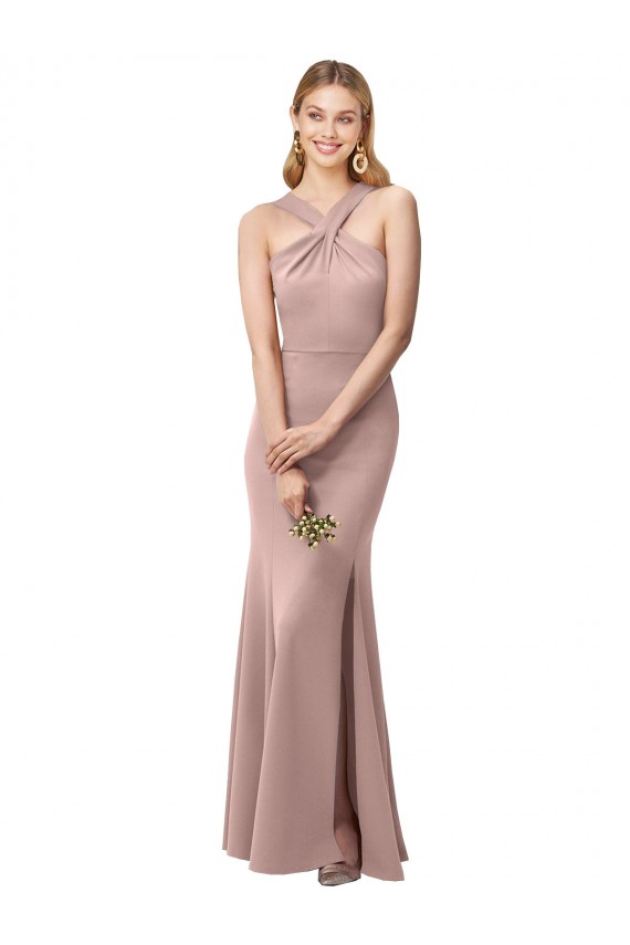 Outlet Long Floor Length High Neck Fit and Flare Stretch Crepe Bridesmaid Dress / Prom Dress with Side Slit UK