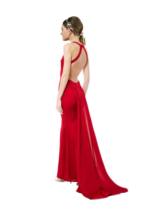 Outlet High Neck Mermaid Open Back Formal Crepe Maxi Bridesmaid Dress / Prom Dress with Train Detail UK